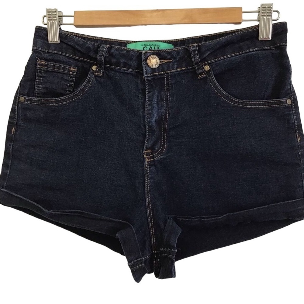CALI ultra high rise mom jeans shorts stretchy denim dark blue size 9